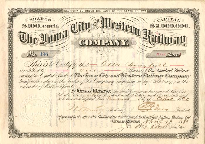 Iowa City and Western Railway Co. - Stock Certificate